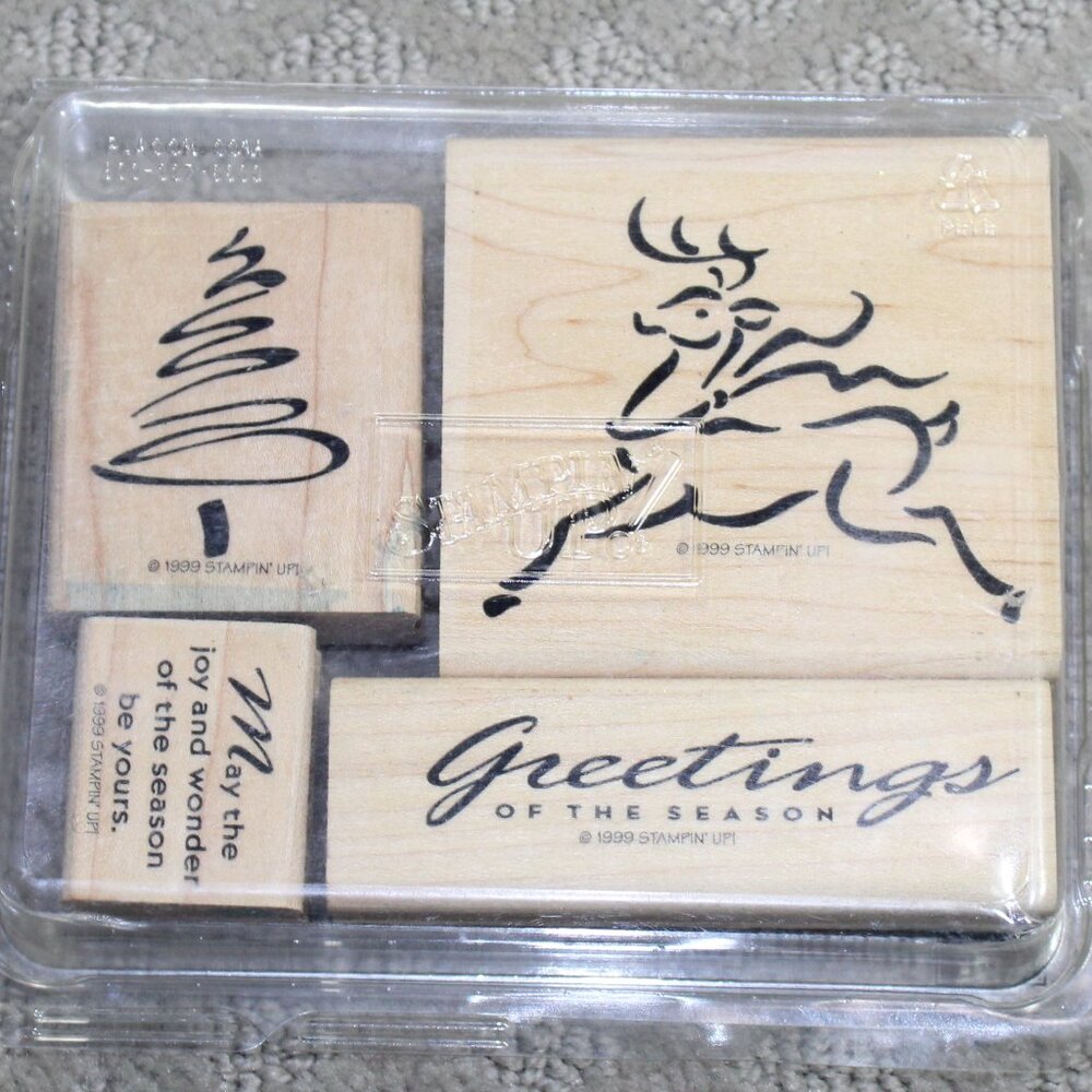 Rare 1999 STAMPIN' UP! "Reindeer Greetings" Set of 4 Mounted Rubber Stamps Tree
